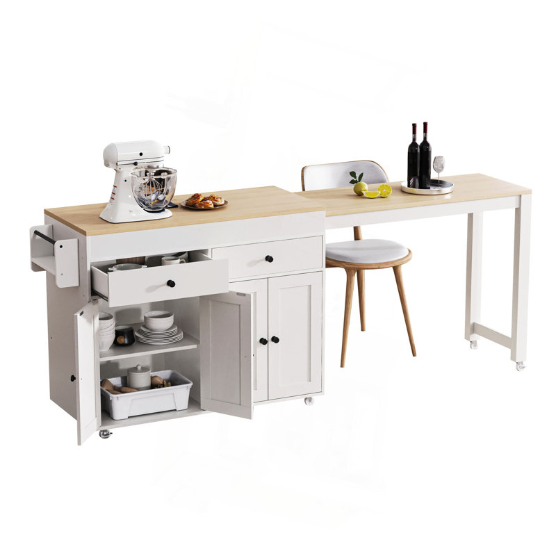 74.5 Inch Kitchen Island With Extendable Dining Table , Rolling Kitchen Island On Wheels With Spice Rack And 2 Drawers,  Kitchen Storage Cart With 4 Door Cabinet, For Kitchen, Dining Room