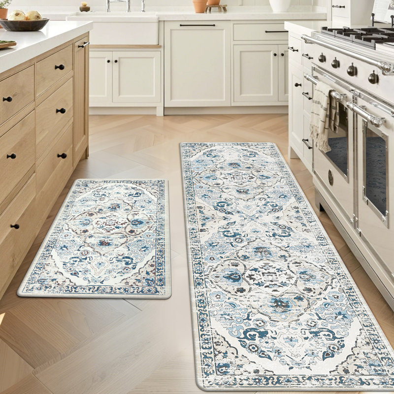 Jainiyah Anti-Fatigue Non-Skid Waterproof Kitchen Mat (Set of 2), Blue/Beige, Runner 20" x 31.5" + 20" x 59"