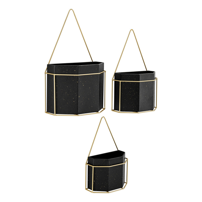 Ensemble de pots à fleurs muraux en métal 3 pièces Myla, Noir / or