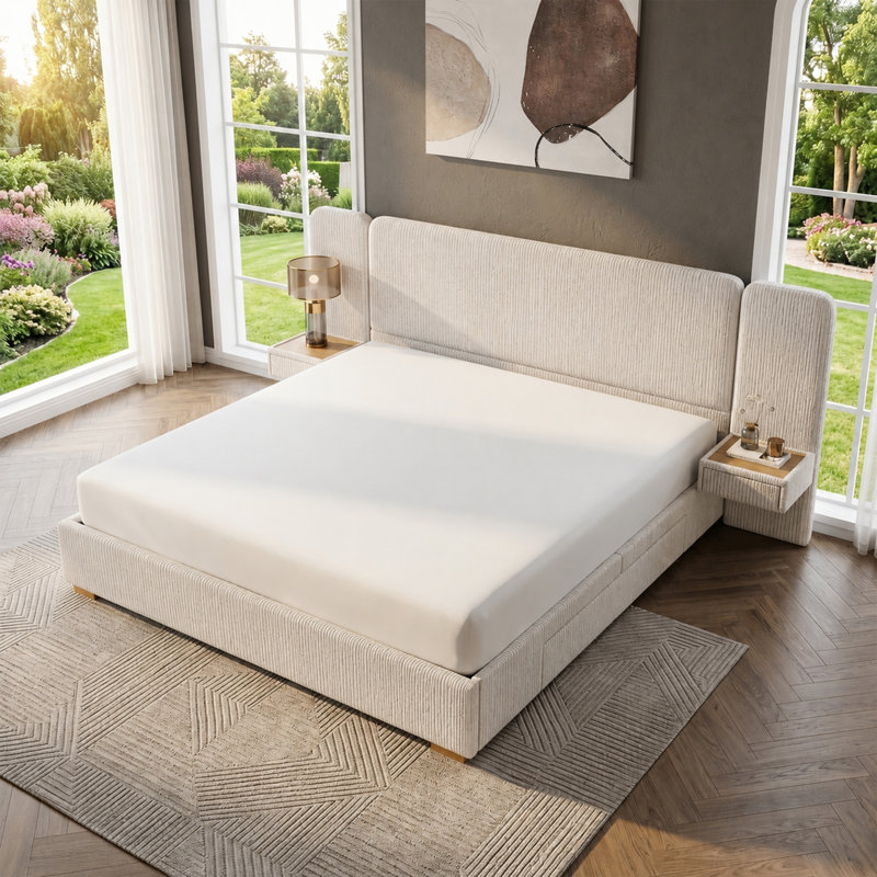 Chenille Upholstered Platform Bed with Built-In Nightstands and 2 Storage Drawers, Cream, King