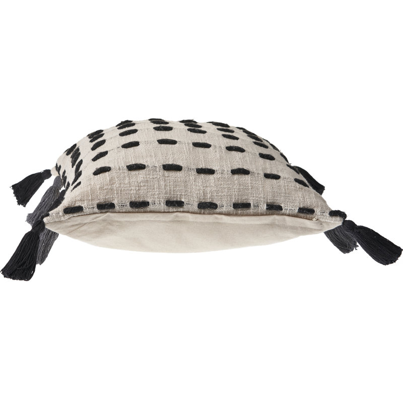 Square Black and Cream Embroidered Tasseled Throw Pillow