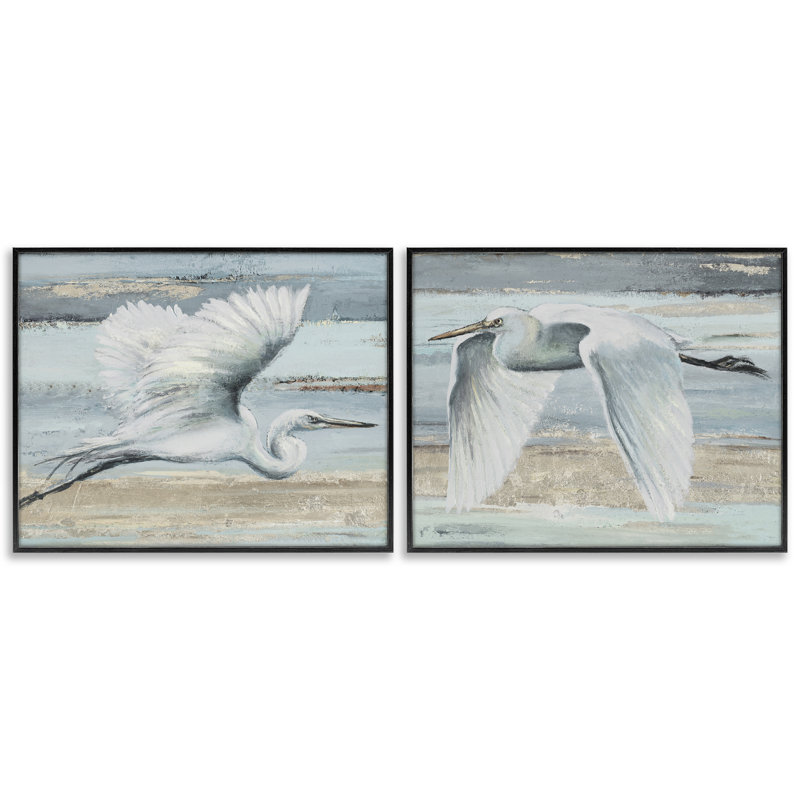 «Soaring Egrets over Shore», ensemble de 2 estampes giclées par Patricia Pinto, H 11 po x l 14 po