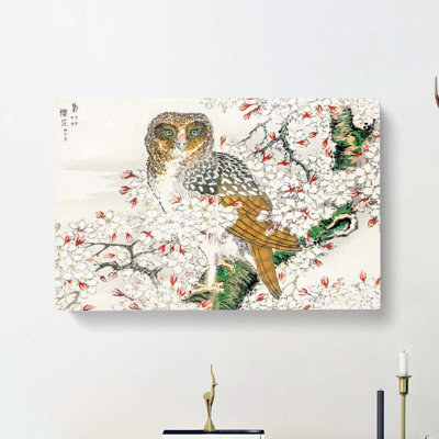 Short-eared Owl & Cherry Flower by Numata Kashu - Wrapped Canvas Print