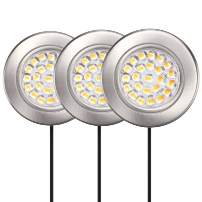 Ensemble de 3 lumières DEL rondes de 2,5 po à intensité variable Inlight avec installation encastrée ou en surface, finition nickel brossé sur métal, ensemble de 3, IN-0113-3-SN