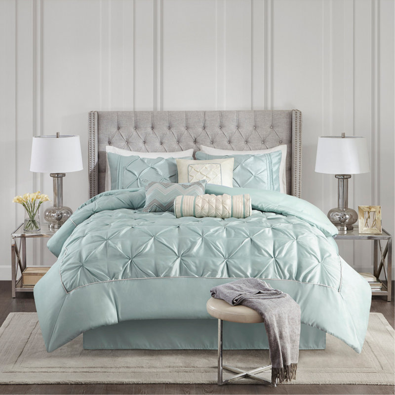 Ensemble d'édredon capitonné 7 pièces très grand Seafoam, Édredon de très grande taille et 6 pièces suppl, Vert