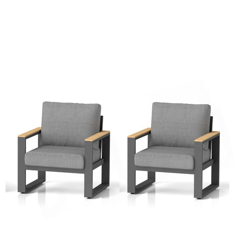 Set of 2 26.6" All-Weather Aluminum Patio Armchairs with Thick Cushions, Black+Grey, Black+Grey