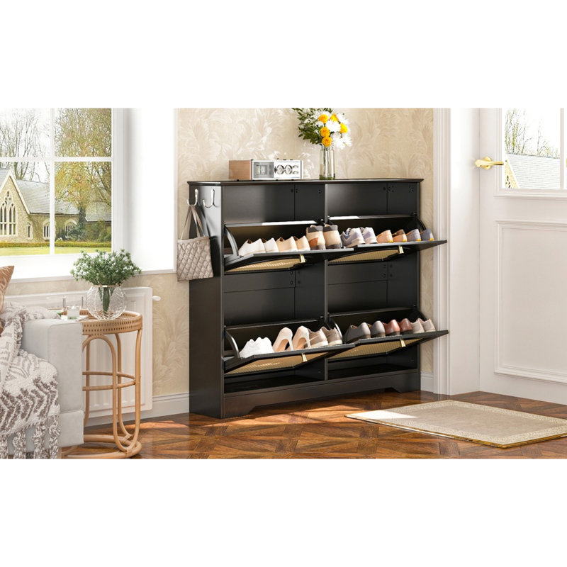 Mid - Century Black Shoe Cabinet With 4 Flip Drawers And 2 Hooks, Freestanding For Hallway, Ventilated To Keep Fresh, Reliable Rack Build