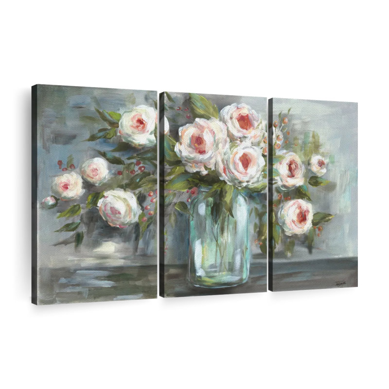 " Pink Blooms Still Life Landscape Canvas Print " 3 - Pieces, 28" H x 45" W x 1.25" D