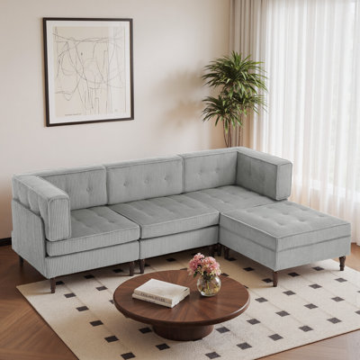 4 - Piece Upholstered Light Gray Tufted Corduroy Modular Sectional with Pillow Back and Removable Flip-Tray Top Storage Ottoman