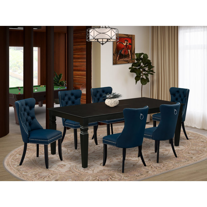 Ensemble de salle à manger 7 pièces composé d'une table de cuisine rectangulaire avec feuille papillon et 6 chaises rembourrées en tissu de polyester, noir