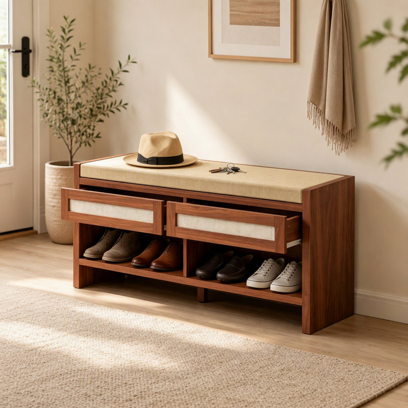 Banc à chaussures brun avec siège rembourré, tiroirs en rotin et rangement ouvert