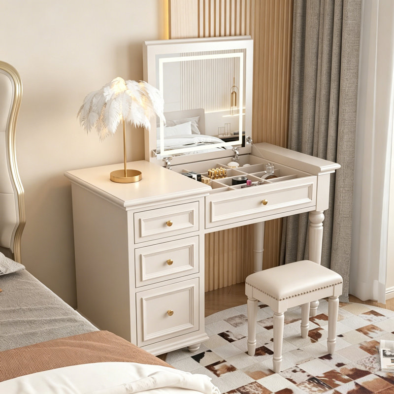 Coiffeuse 2-en-1 American Vintage 120 cm – Structure en bois de bouleau, meuble en panneaux de particules de bois massif, miroir de rangement dissimulé, pieds de style colonne romaine, table de maquillage et bureau