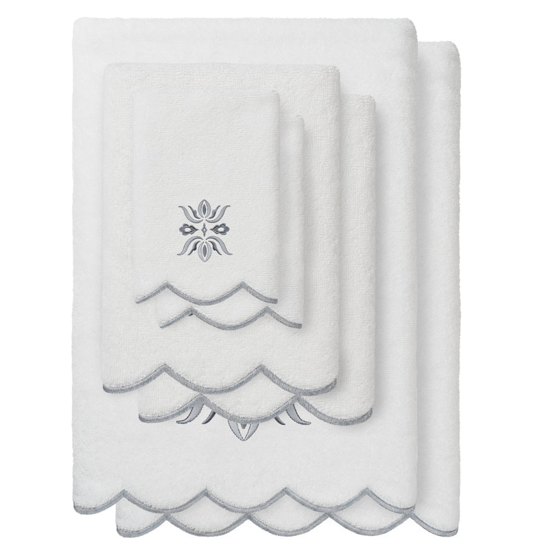  Ensemble de serviettes 100% coton festonné 100% coton, Blanc / Gris, Ensemble 6 serviettes de bain