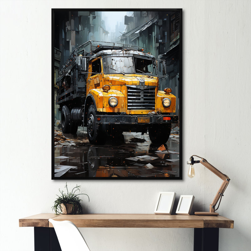 Vieux camion à ordures noir I sur toile, H 20 po x l 12 po x P 1 po, Cadre flottant noir
