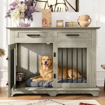  Table de bout intérieure en bois pour chien avec cage de 44 pouces et 360 bols rotatifs gris