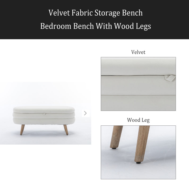 Banc de rangement avec pieds en bois pour chambre à coucher, Ivoire ivoire