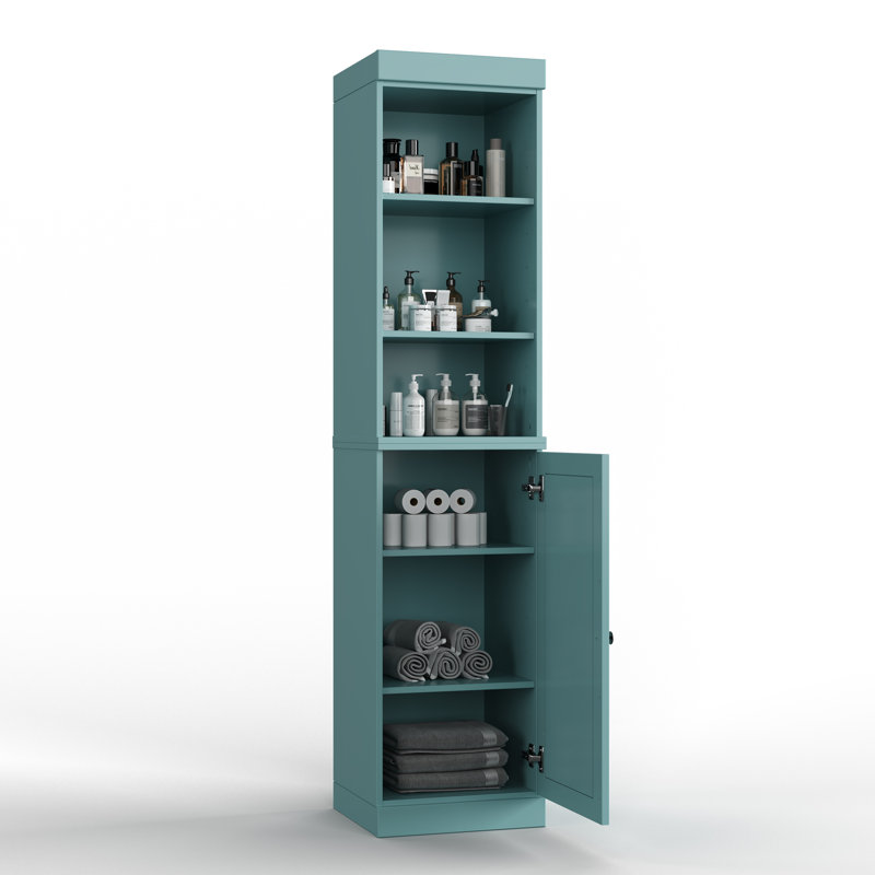 Armoire de rangement de salle de bain 100% bois massif 16,5 po avec portes solides et tablettes réglables, Bleu aqua