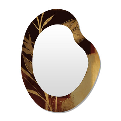Sudie terre cuite chocolat feuilles V - miroir décoratif forêt asymétrique, grand miroir mural de forme unique de campagne, art en métal imprimé