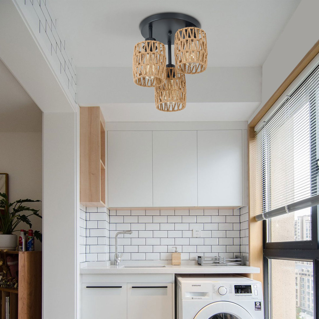 Deziree Ceiling Mount Chandelier 3-Lights Farmhouse Rattan Light Fixtures E26 Breakwater Bay