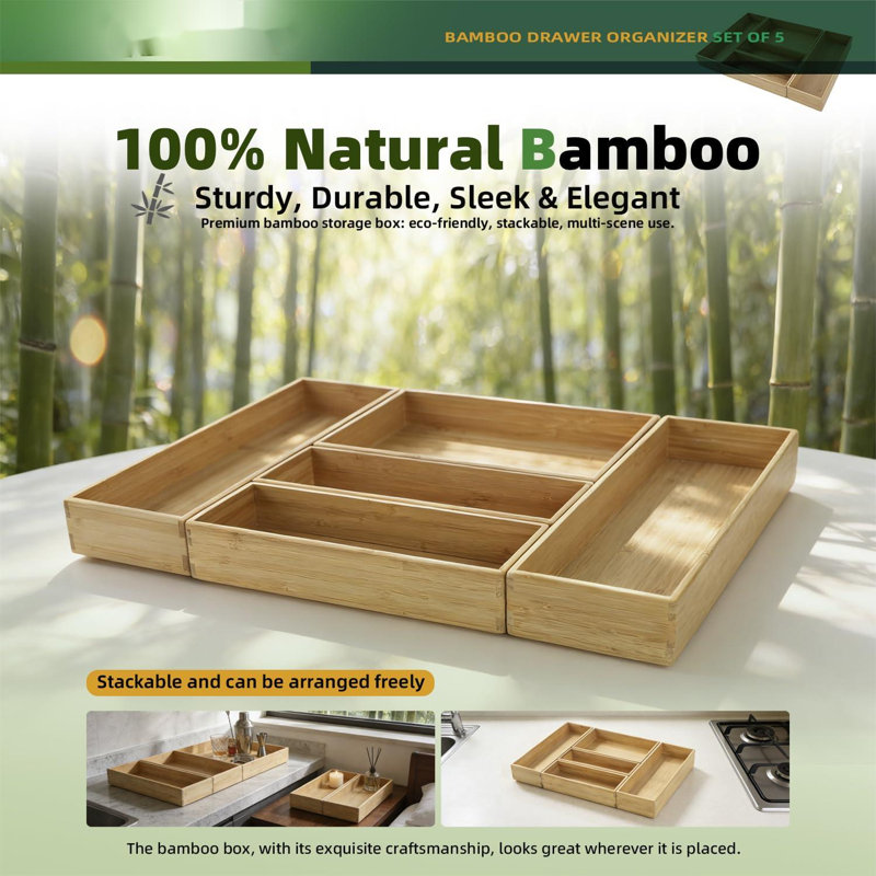 Ensemble de 5 tiroirs de rangement en bambou empilables pour ustensiles de cuisine, couverts et couverts