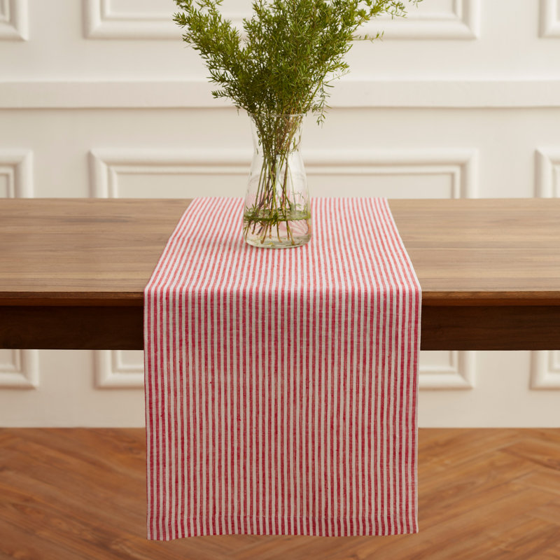 Contempo - 100% Pure Linen Table Runner, Red/White, 72" x 14"