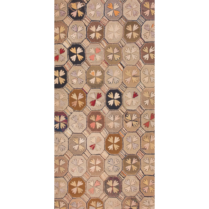 Neutral Earthy Color Antique Geometric American Folk Art Design Hooked Rug
