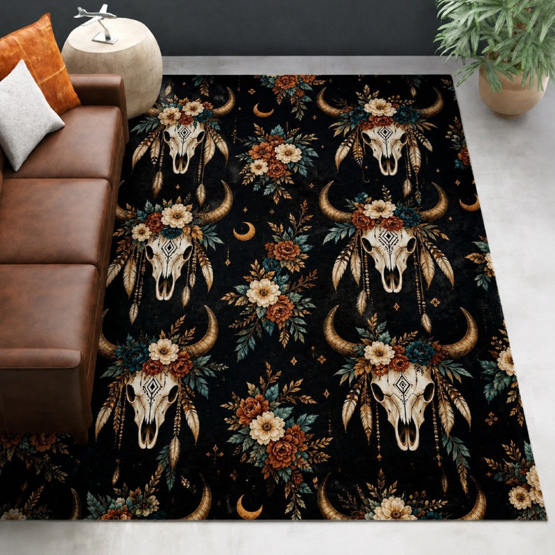 Tapis floral à motif de crâne de taureau 1Pcs, W55 * L78,7 po * 1 pièce