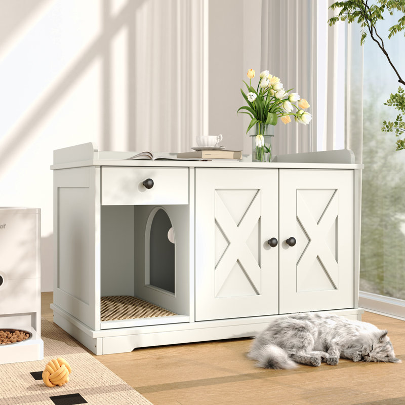 Cat Litter Box Enclosure with Cat Litter Mat and Storage Drawer Side Table