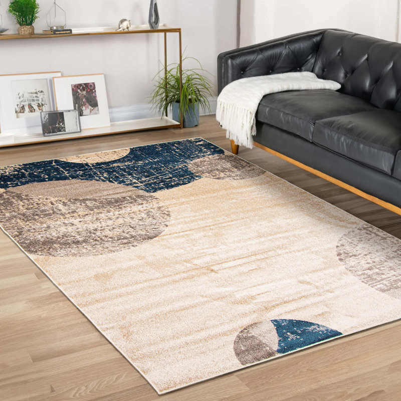 Tapis abstrait ivoire / bleu Jurgita, Rectangle 7 pi 10 po x 10 pi 2 po