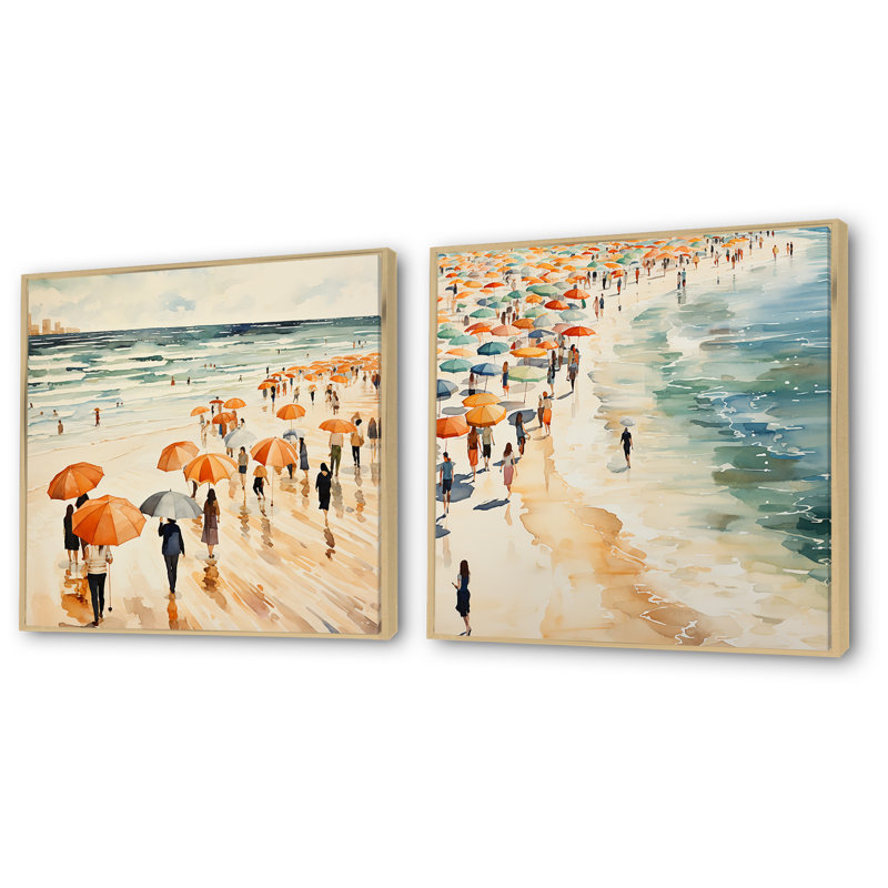 «Orange Umbrella Beach Day Tranquitt I - Beach People», ensemble de 2 reproductions d'art sur toile, Cadre flottant brun