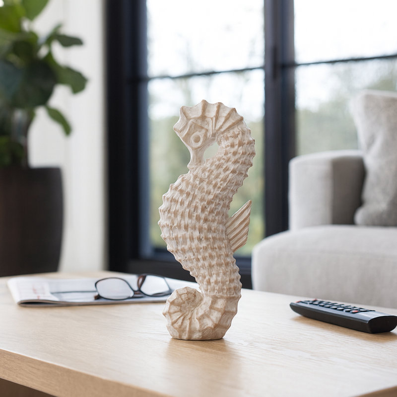 Decorative Resin Seahorse Sculpture Figurine for Home Decor - Unique Statue Accent for Living Room Decorations or Tabletop Styling - 12", White & Brown