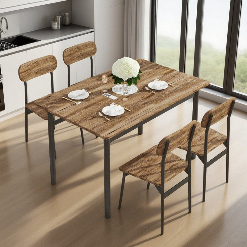 Dining Table Set For 4, 5 Piece Rectangle Farmhouse Wooden Dining Room Table Set With Metal Frame And Wood Tabletop, Kitchen Table Set With 4 Chair For Small Space, Breakfast Nook And Apartment, Restaurant, Brown