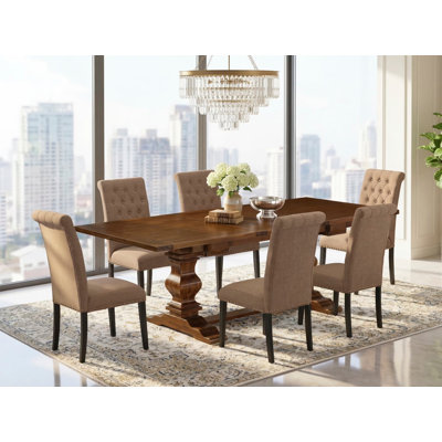 7 Piece Dinette Set Consist of a Rectangle Dining Room Table with Removable Leaf and 6 Light Sable Linen Fabric Parsons Chairs, Walnut
