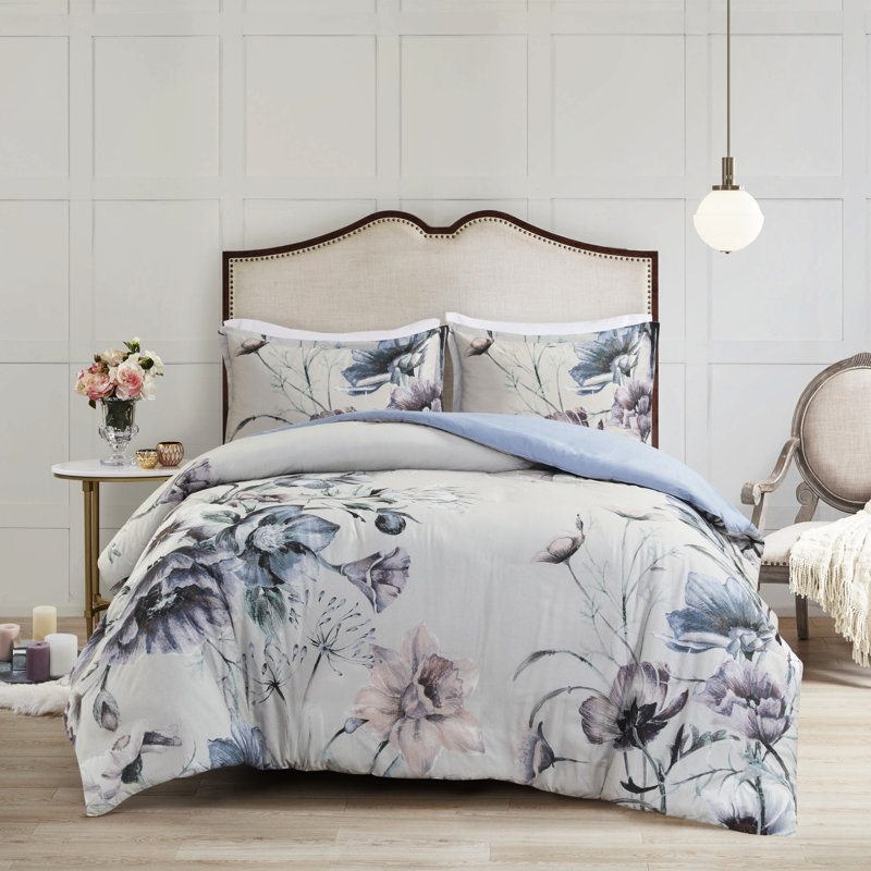 Housse de couette pour grand lit en coton - Flair chic chic avec un beau motif floral 3 pièces, Blanc / Bleu