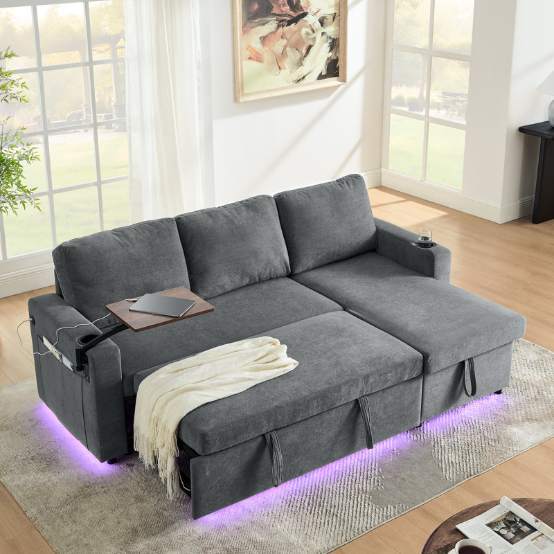 Chenille moderne gris avec lit escamotable, porte-gobelets, rangement et ports de luxe, compartiments de rangement,, Gris