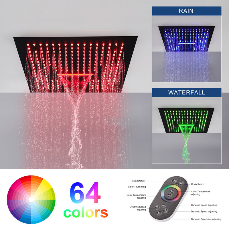 16" Flush Mounted 4-Function Thermostatic Luxury Complete Shower System with LED and Bluetooth Music, Matte Black