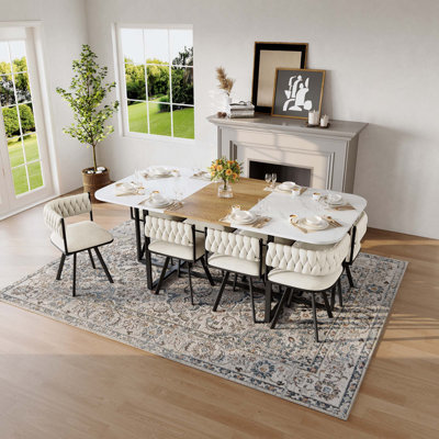9PCS Modern Rectangular Dining Table Set, Fixed White Faux Marble & Wood Grain Triamine Top Table With 8 Velvet Chairs