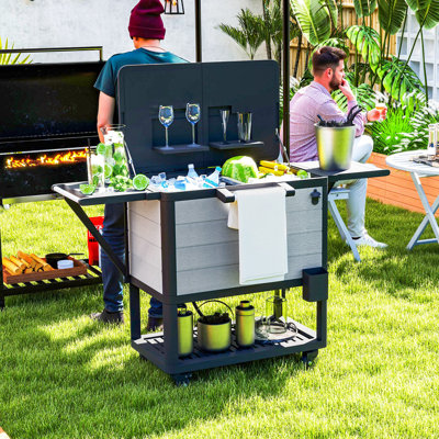 Patio Cooler Cart, 104 Quart Large Capacity Rolling Ice Chest with Bottle Opener and Shelves, Outdoor Beverage Bar Cart with Wheels and Handles for Pool Deck BBQ Cookouts Party