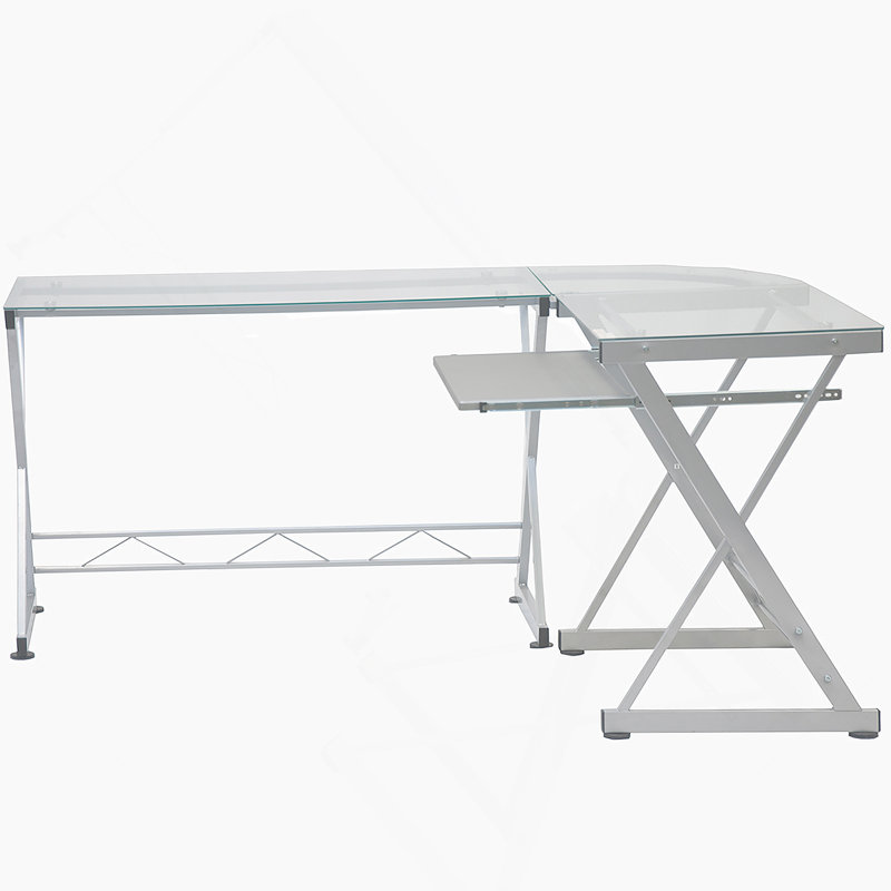 Bureau d'ordinateur en L en verre trempé avec panneau de clavier coulissant, transparent