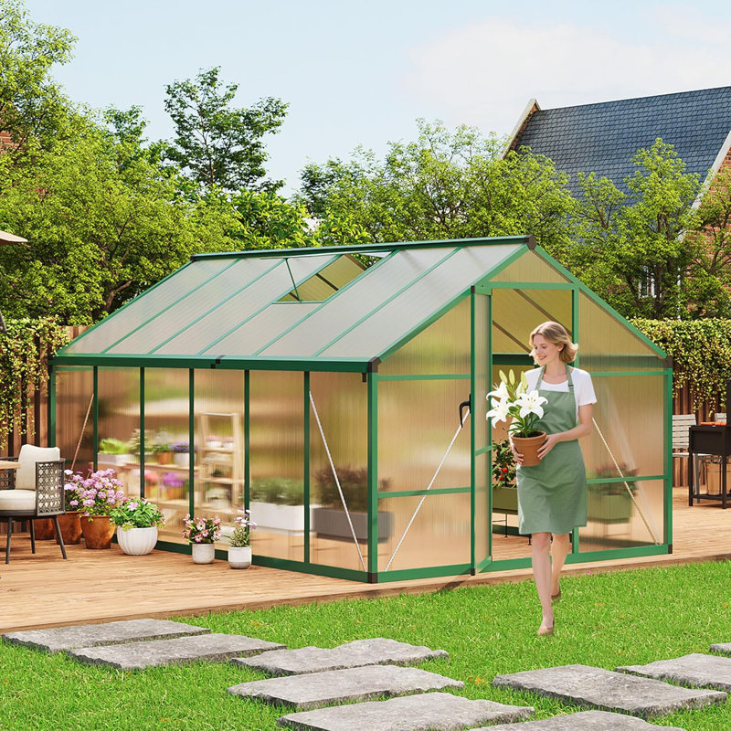 8x12 ft Outdoor Polycarbonate Greenhouse, Durable Aluminum Frame with Lockable Door, Adjustable Roof Vent, Ideal for Backyard, Patio, or Garden, All-Weather Green Houses for Outside Plant Growing