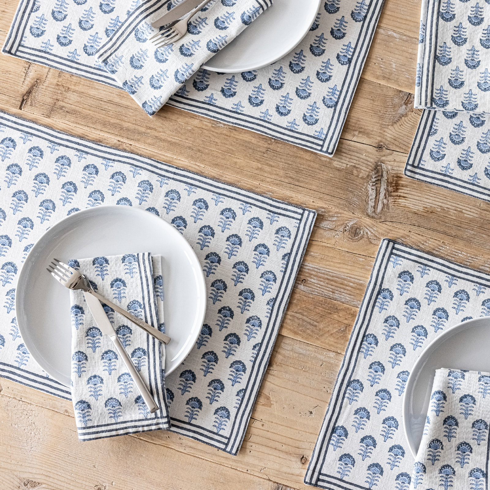 Hand-Blocked Cotton Placemat, Blue Flower