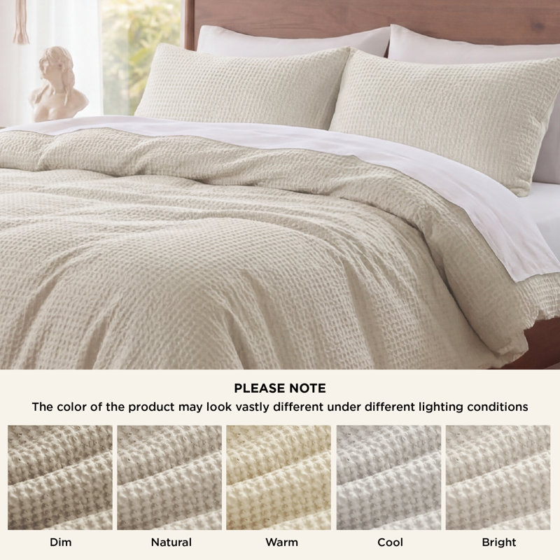 Essential Collection 100% Cotton Waffle Weave Duvet Cover Set, Beige, Oversized Queen Duvet cover + 2 Standard Shams