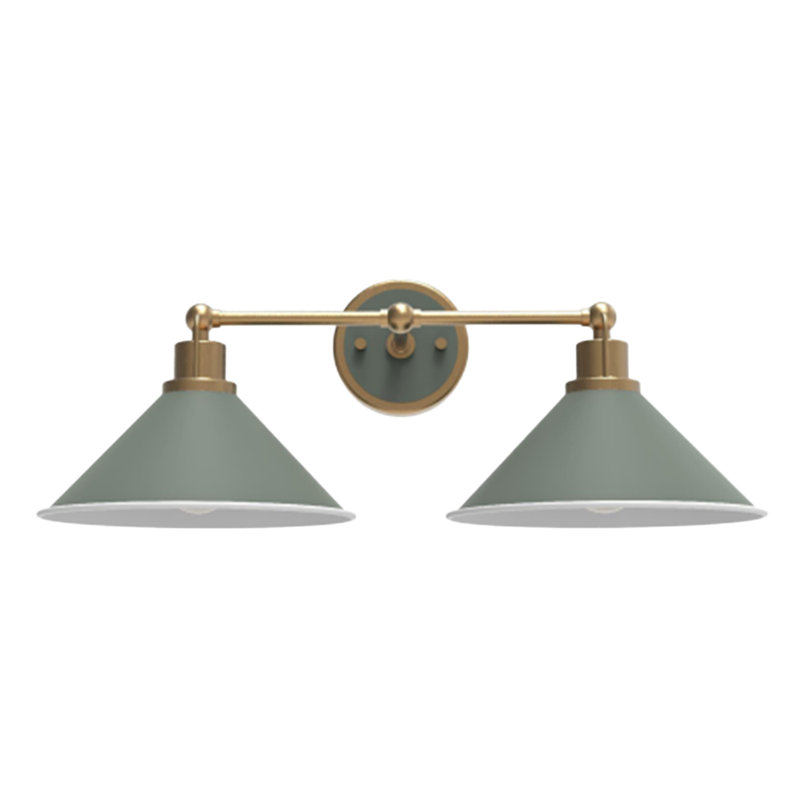 Applique murale à 2 lumières, abat-jour conique en métal, fini laiton antique et vert sauge, Antique Brass/Green, 2 Lights