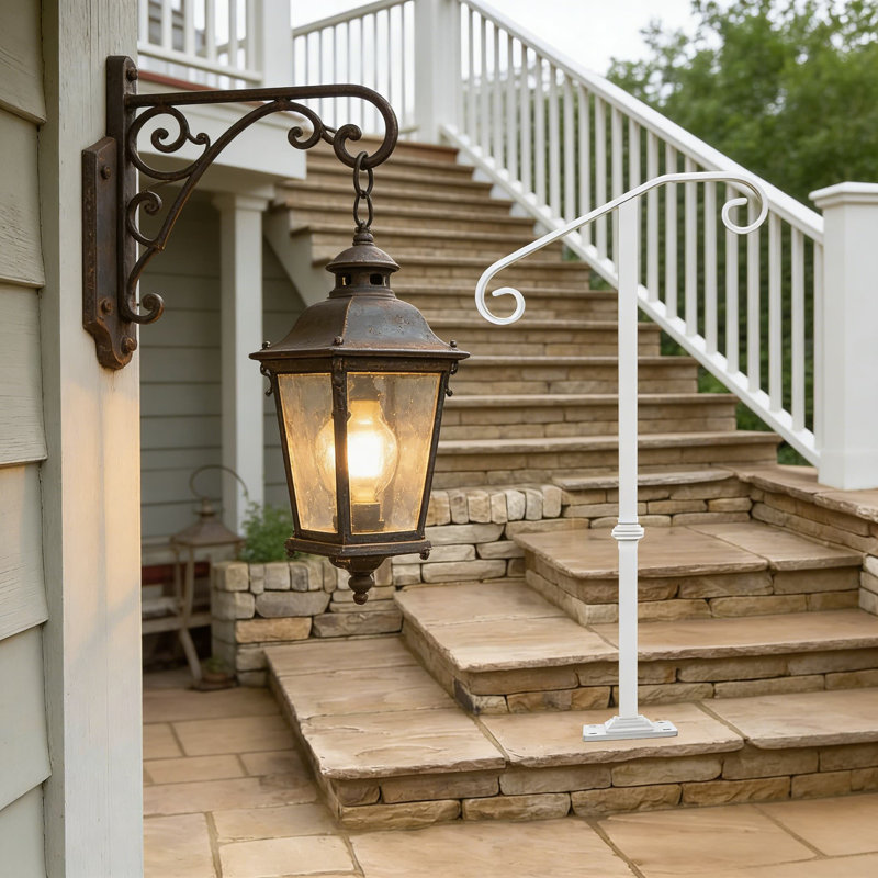 Outdoor Stair Handrail For Concrete And Wood Steps, Single Post Wrought Iron Railing With Base Plate, Secure Grab Rail For Porch And Entryway Safety