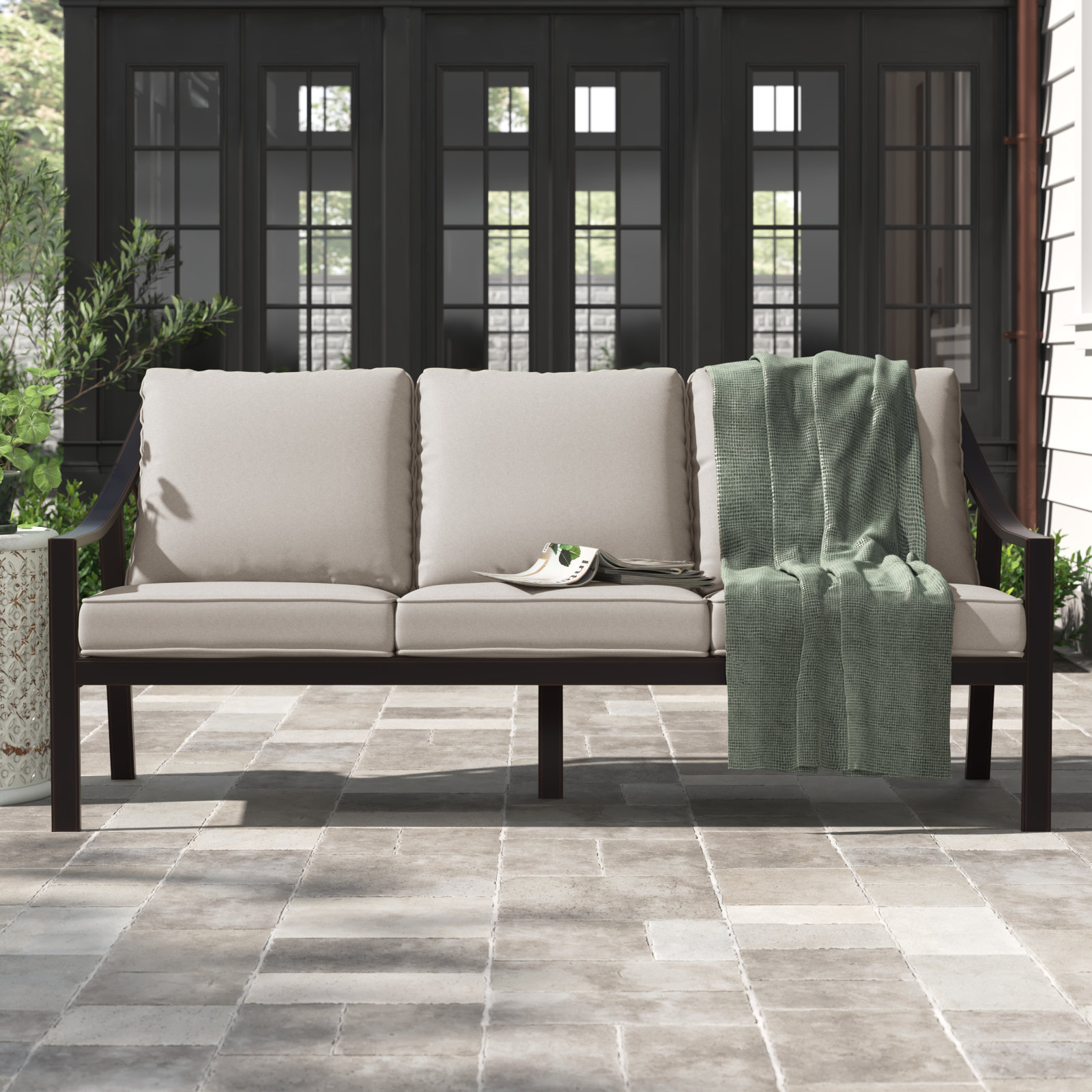 Mackinnon Outdoor Patio Sofa with Cushions, Taupe, Liberty Bronze