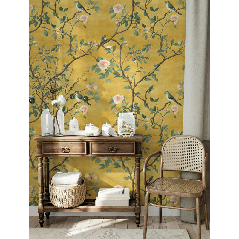 Élégant papier peint chinois à motif floral jaune, décoration murale asiatique rétro