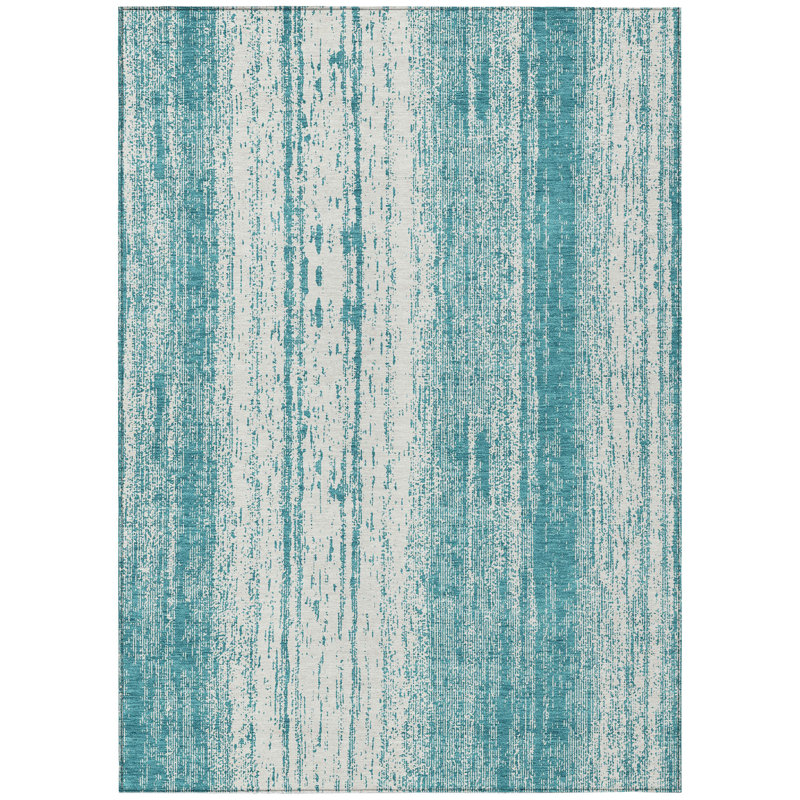 Tapis extérieur lavable rayé bleu sarcelle et ivoire 10 pi x 14 pi