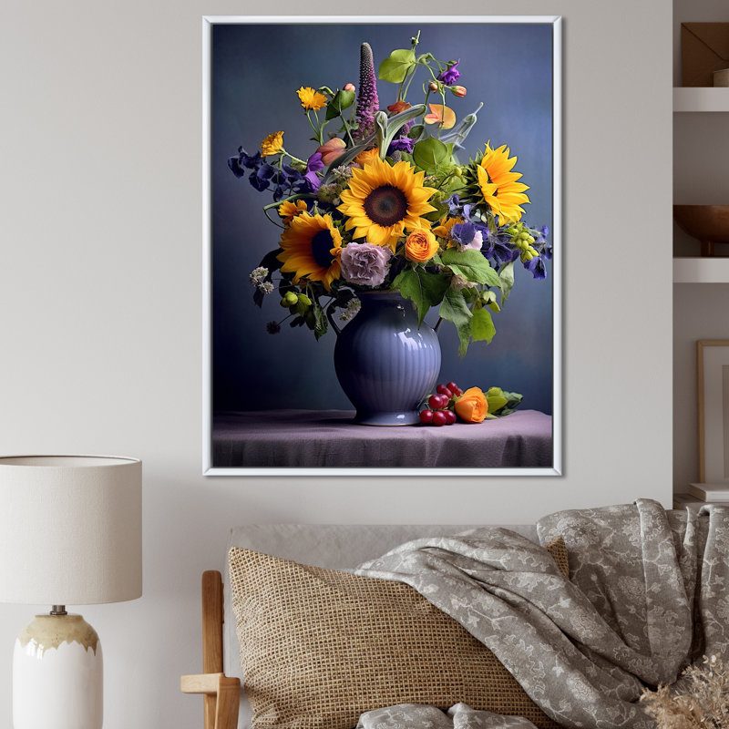 Nature morte avec des tournesols dans un vase I - impression, H 32 po x l 16 po x P 1 po, Cadre flottant blanc