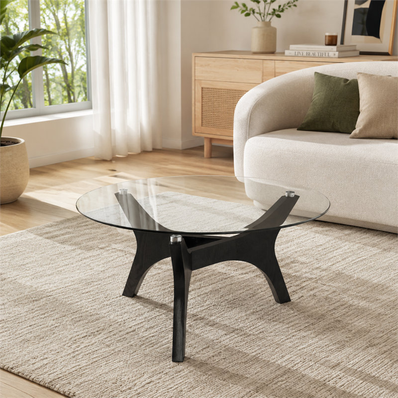 Table basse moderne en verre de style Mid-Century, centre de table 31,5 pouces avec base en grain de bois noir, table décorative pour le salon, la chambre à coucher, la réception et le bureau