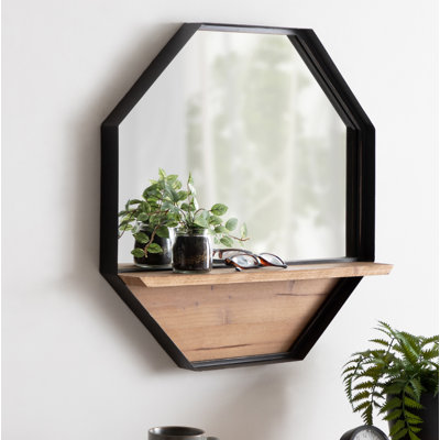 Miroir décoratif octogonal de style campagnard rustique avec cadre en métal et tablette Stingley